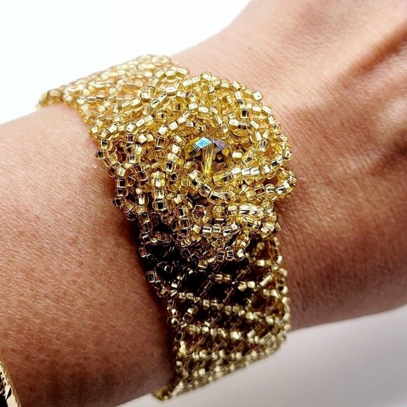 Artisan Hand Beaded Netted Bracelet With Flower Focal Silver Lined Gold Beads - Picture 1 of 6